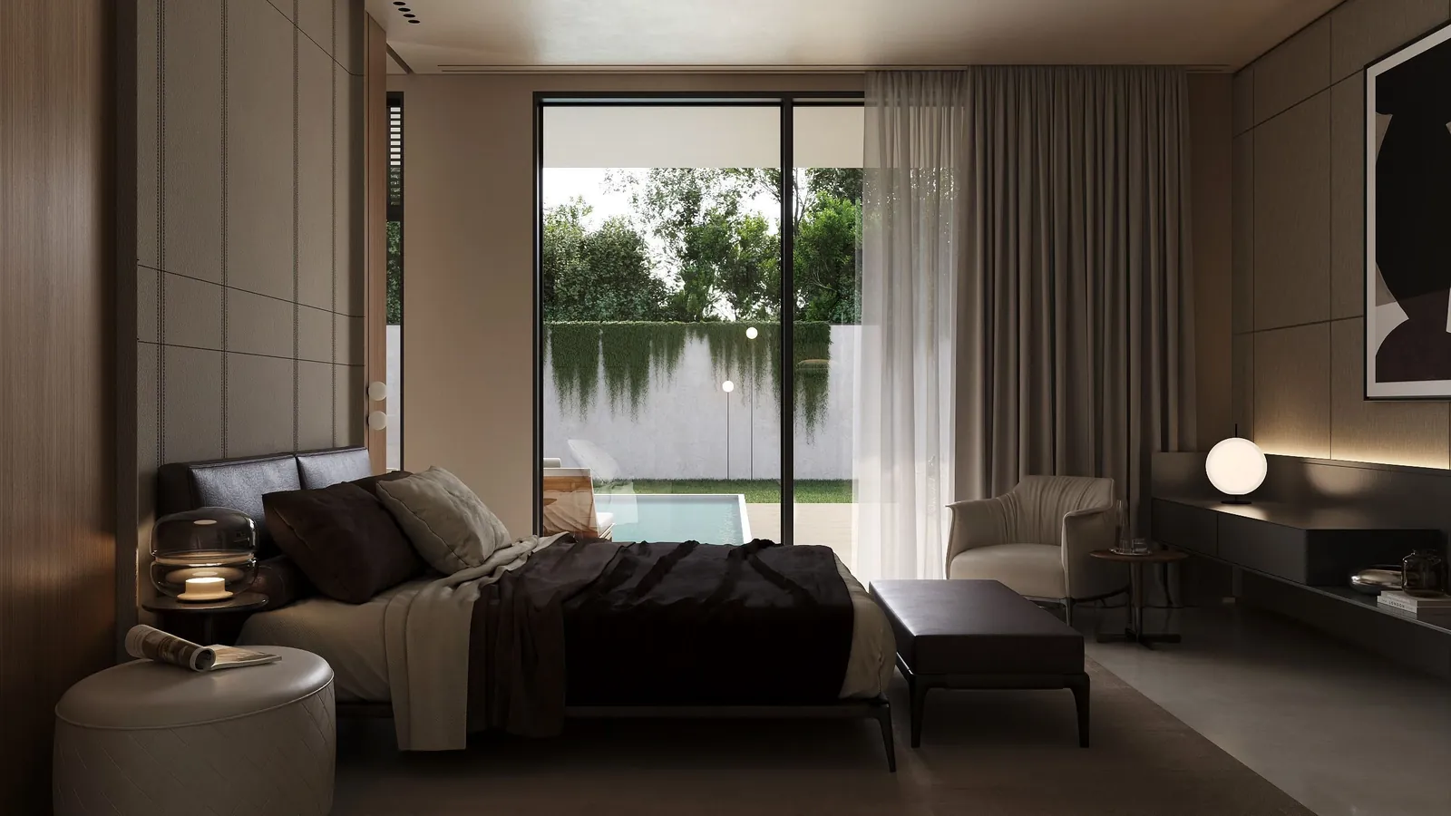 Master bedroom with pool view